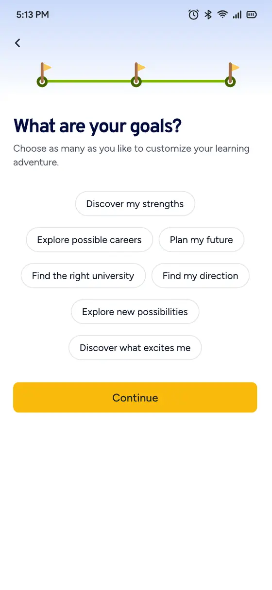 Onboarding screen asking “What are your goals?” with selectable chips