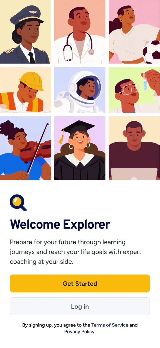 Welcome Explorer screen with a grid of career illustrations