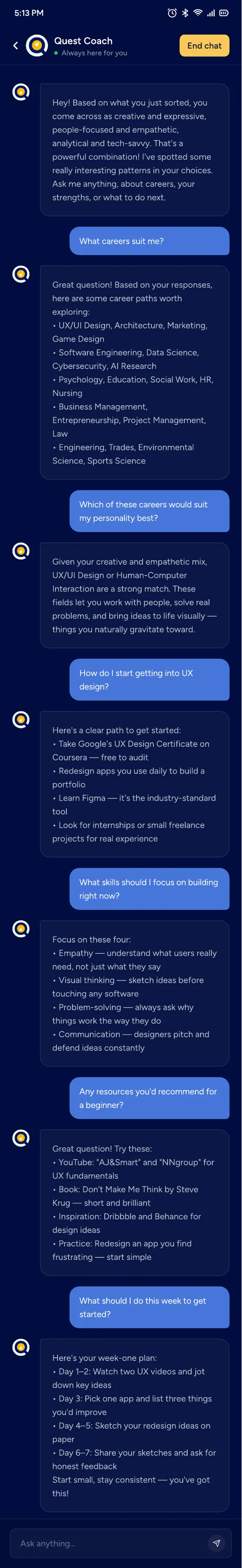 Quest Coach conversation in the learner app