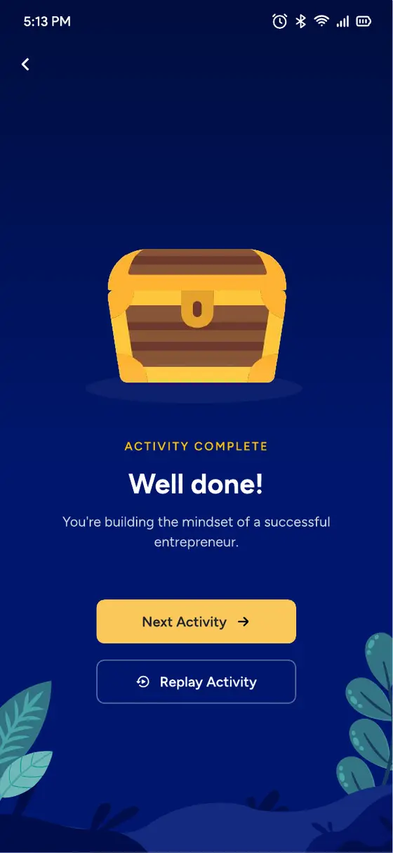 Activity complete screen with a treasure chest and “Well done!”