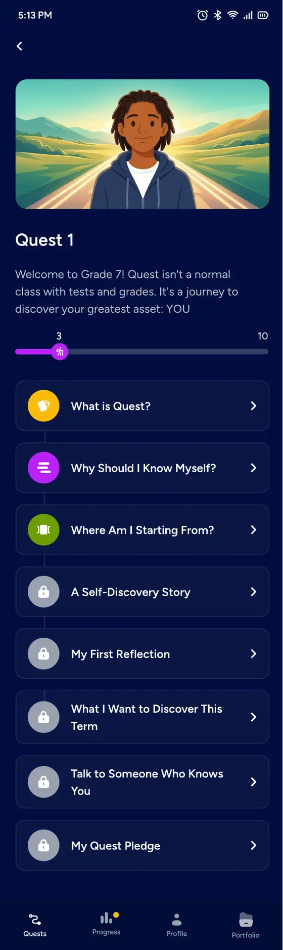 The Quest 1 screen in the app, showing the quest map and activities